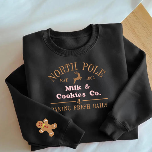Milk and cookies Embroidery Christmas Sweatshirts, North Pole Embroidery Sweaters, Xmas North Pole Shirt, Gingerbread Christmas Sweatshirt