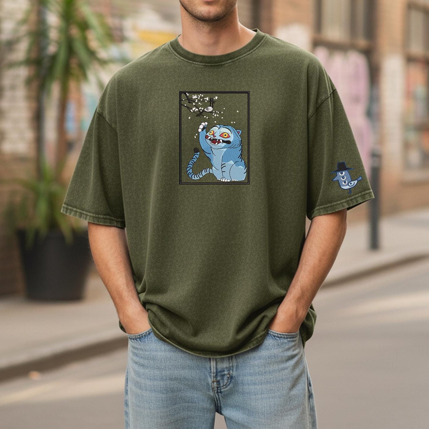 Cat And Bird Demon Hunter Embroidered Retro Wash Cotton Shirt, Kpop Demon Huntrix Gift Gift for Huntrix fans, Gift for Huntrix fans