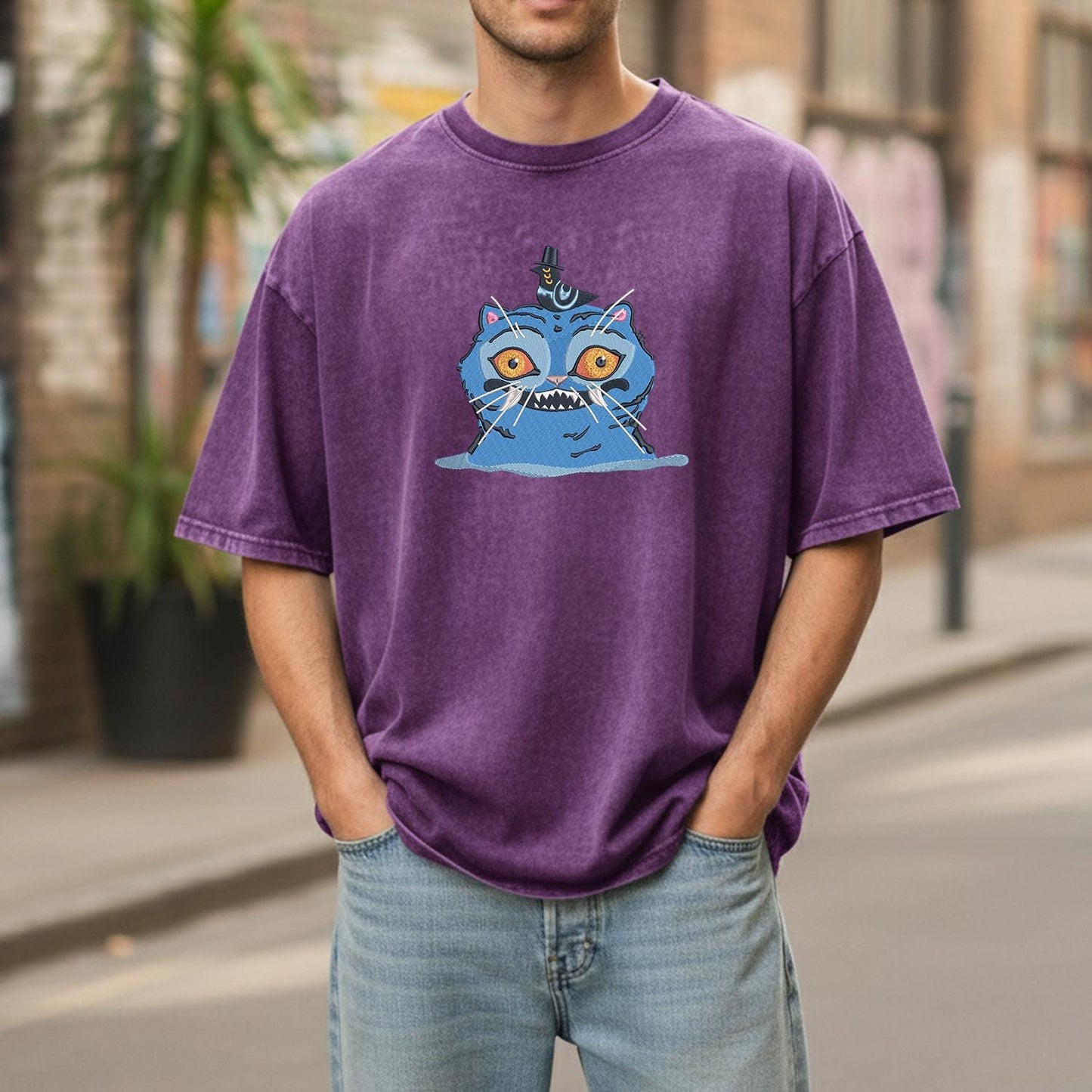 Cat And Bird Demon Hunter Embroidered Retro Wash Cotton Shirt, Kpop Demon Huntrix Gift Gift for Huntrix fans, Gift for Huntrix fans
