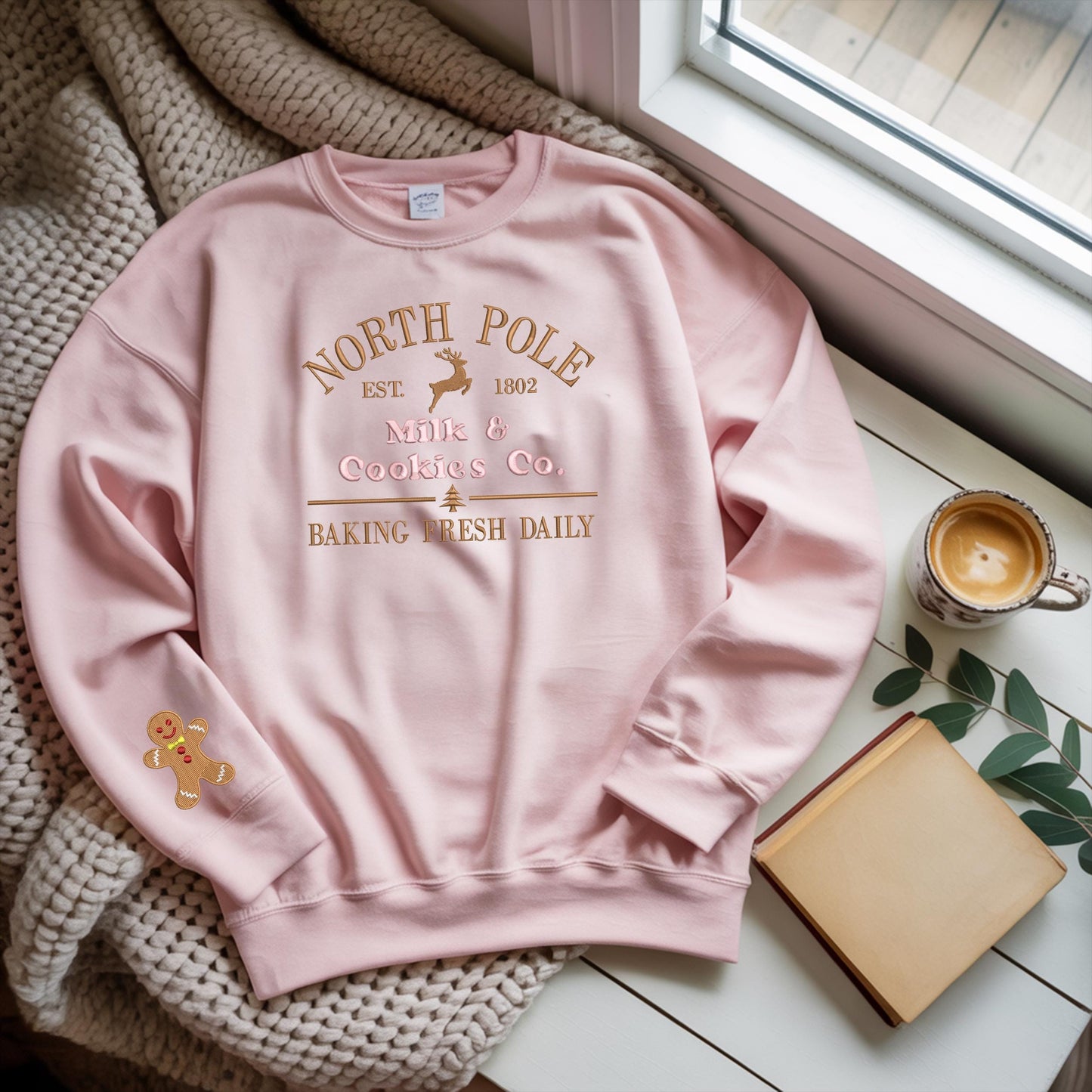 Milk and cookies Embroidery Christmas Sweatshirts, North Pole Embroidery Sweaters, Xmas North Pole Shirt, Gingerbread Christmas Sweatshirt