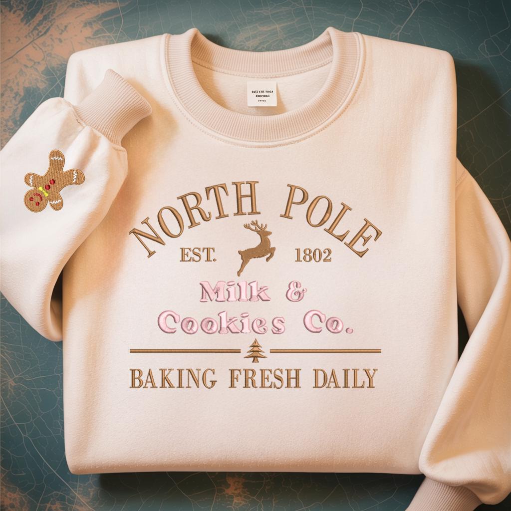 Milk and cookies Embroidery Christmas Sweatshirts, North Pole Embroidery Sweaters, Xmas North Pole Shirt, Gingerbread Christmas Sweatshirt
