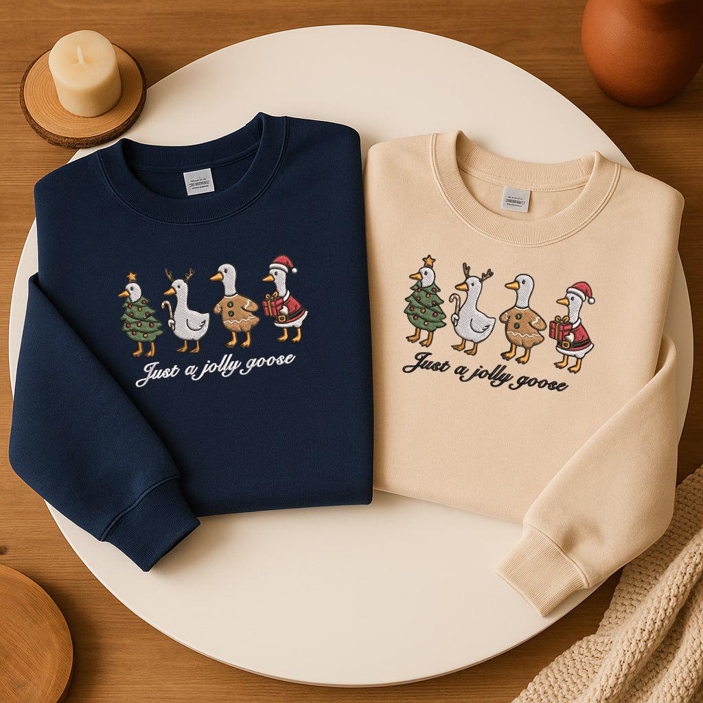 Funny Christmas Goose Embroidered Sweatshirt, Festive Jolly Goose, Merry Christmas Sweater, Just A Merry Goose Christmas Sweatshirt