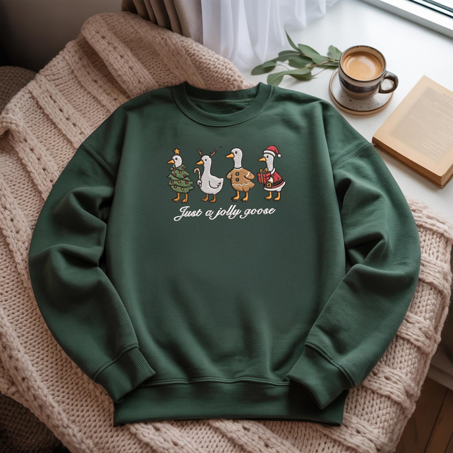 Funny Christmas Goose Embroidered Sweatshirt, Festive Jolly Goose, Merry Christmas Sweater, Just A Merry Goose Christmas Sweatshirt