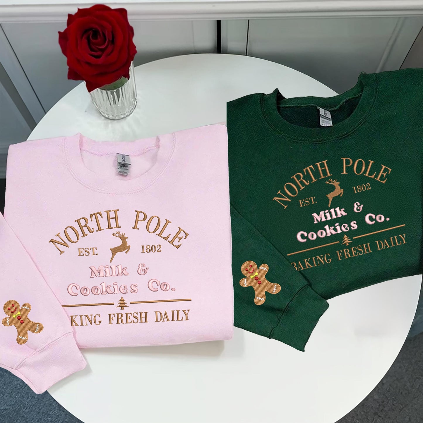 Milk and cookies Embroidery Christmas Sweatshirts, North Pole Embroidery Sweaters, Xmas North Pole Shirt, Gingerbread Christmas Sweatshirt