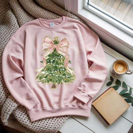 Christmas Tree Bow Sweatshirt For woman, Christmas Coquette Sweatshirt for Girls, Christmas Holiday Festive Bow Sweatshirt, Gift for her