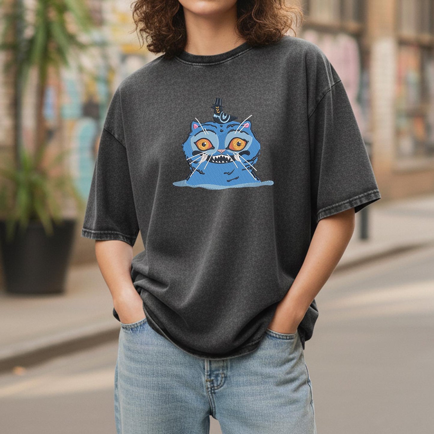 Cat And Bird Demon Hunter Embroidered Retro Wash Cotton Shirt, Kpop Demon Huntrix Gift Gift for Huntrix fans, Gift for Huntrix fans