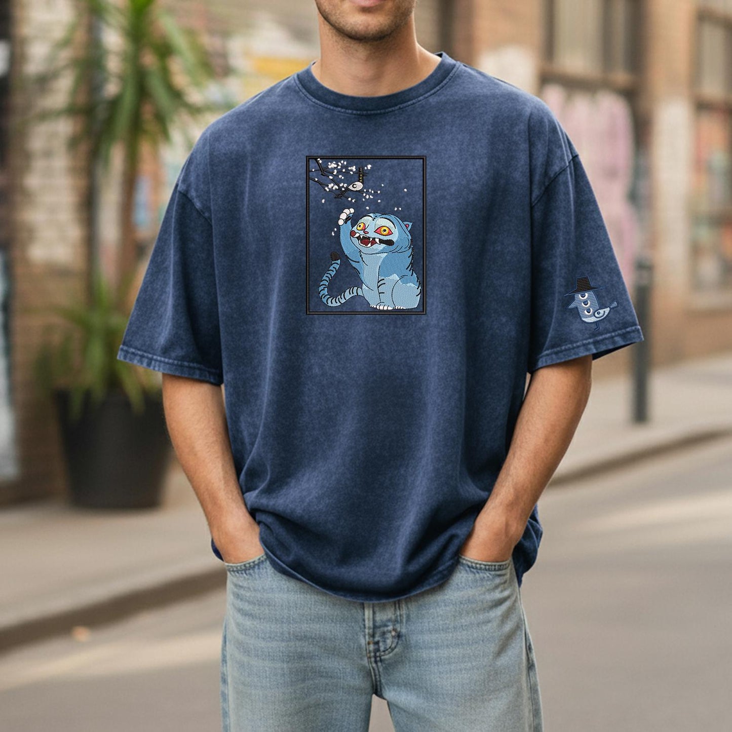 Cat And Bird Demon Hunter Embroidered Retro Wash Cotton Shirt, Kpop Demon Huntrix Gift Gift for Huntrix fans, Gift for Huntrix fans