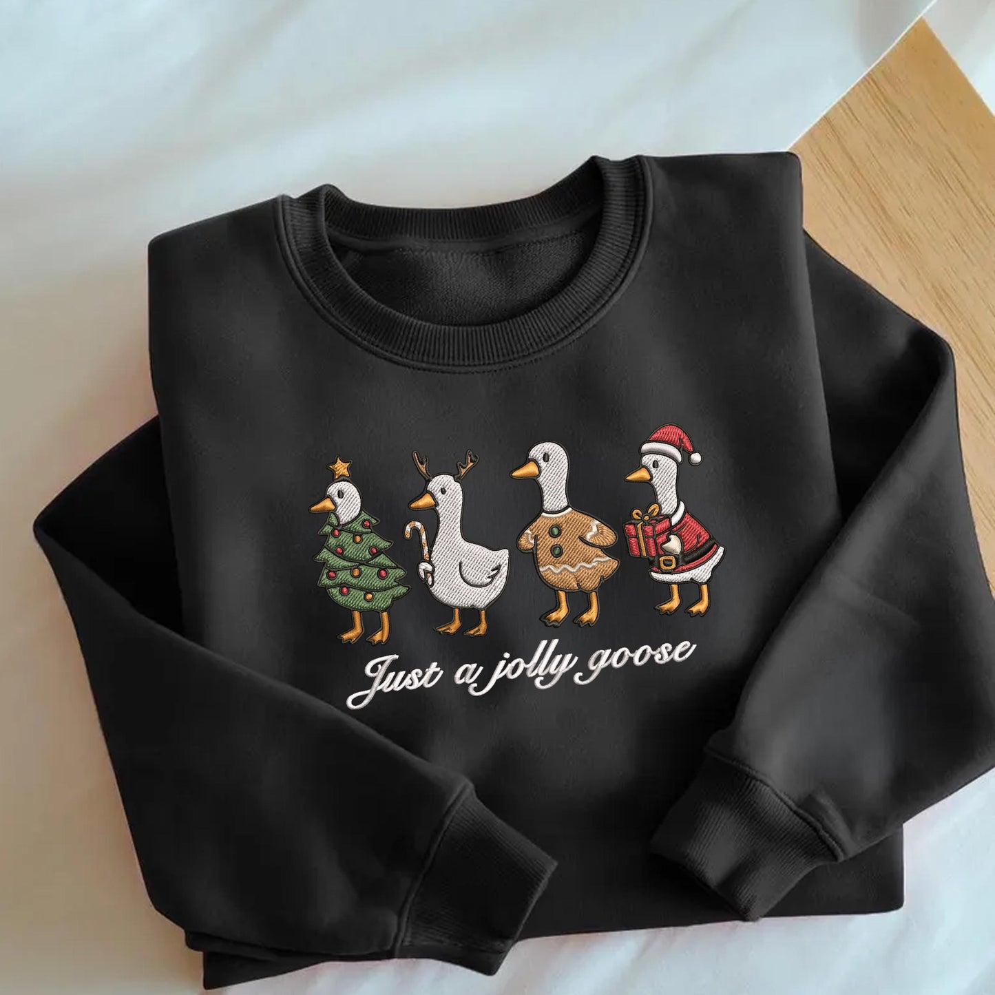 Funny Christmas Goose Embroidered Sweatshirt, Festive Jolly Goose, Merry Christmas Sweater, Just A Merry Goose Christmas Sweatshirt