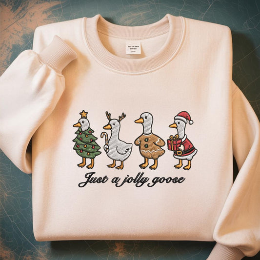 Funny Christmas Goose Embroidered Sweatshirt, Festive Jolly Goose, Merry Christmas Sweater, Just A Merry Goose Christmas Sweatshirt