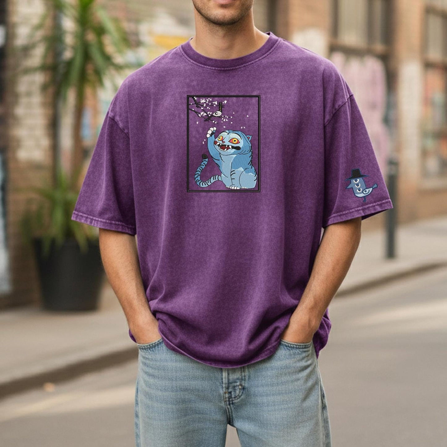 Cat And Bird Demon Hunter Embroidered Retro Wash Cotton Shirt, Kpop Demon Huntrix Gift Gift for Huntrix fans, Gift for Huntrix fans