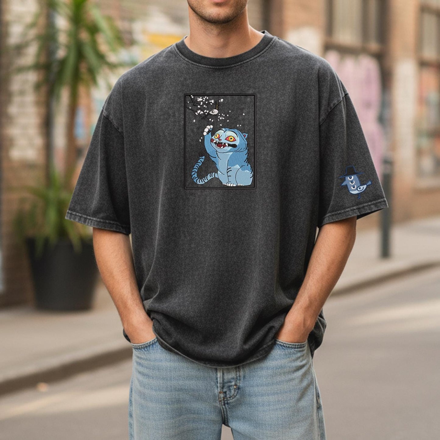 Cat And Bird Demon Hunter Embroidered Retro Wash Cotton Shirt, Kpop Demon Huntrix Gift Gift for Huntrix fans, Gift for Huntrix fans