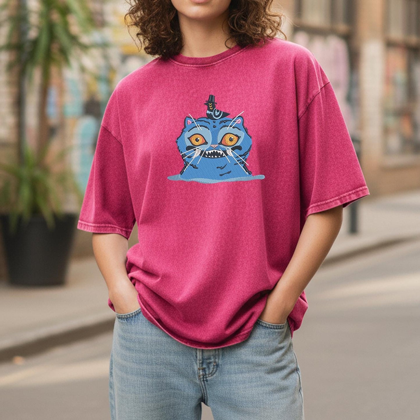 Cat And Bird Demon Hunter Embroidered Retro Wash Cotton Shirt, Kpop Demon Huntrix Gift Gift for Huntrix fans, Gift for Huntrix fans