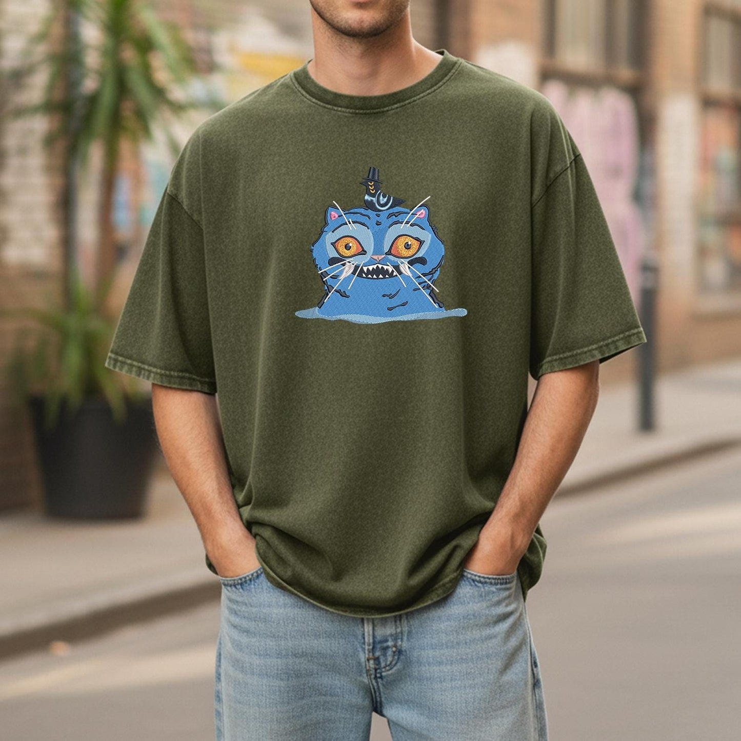 Cat And Bird Demon Hunter Embroidered Retro Wash Cotton Shirt, Kpop Demon Huntrix Gift Gift for Huntrix fans, Gift for Huntrix fans