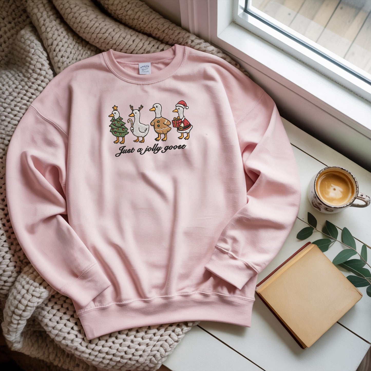 Funny Christmas Goose Embroidered Sweatshirt, Festive Jolly Goose, Merry Christmas Sweater, Just A Merry Goose Christmas Sweatshirt