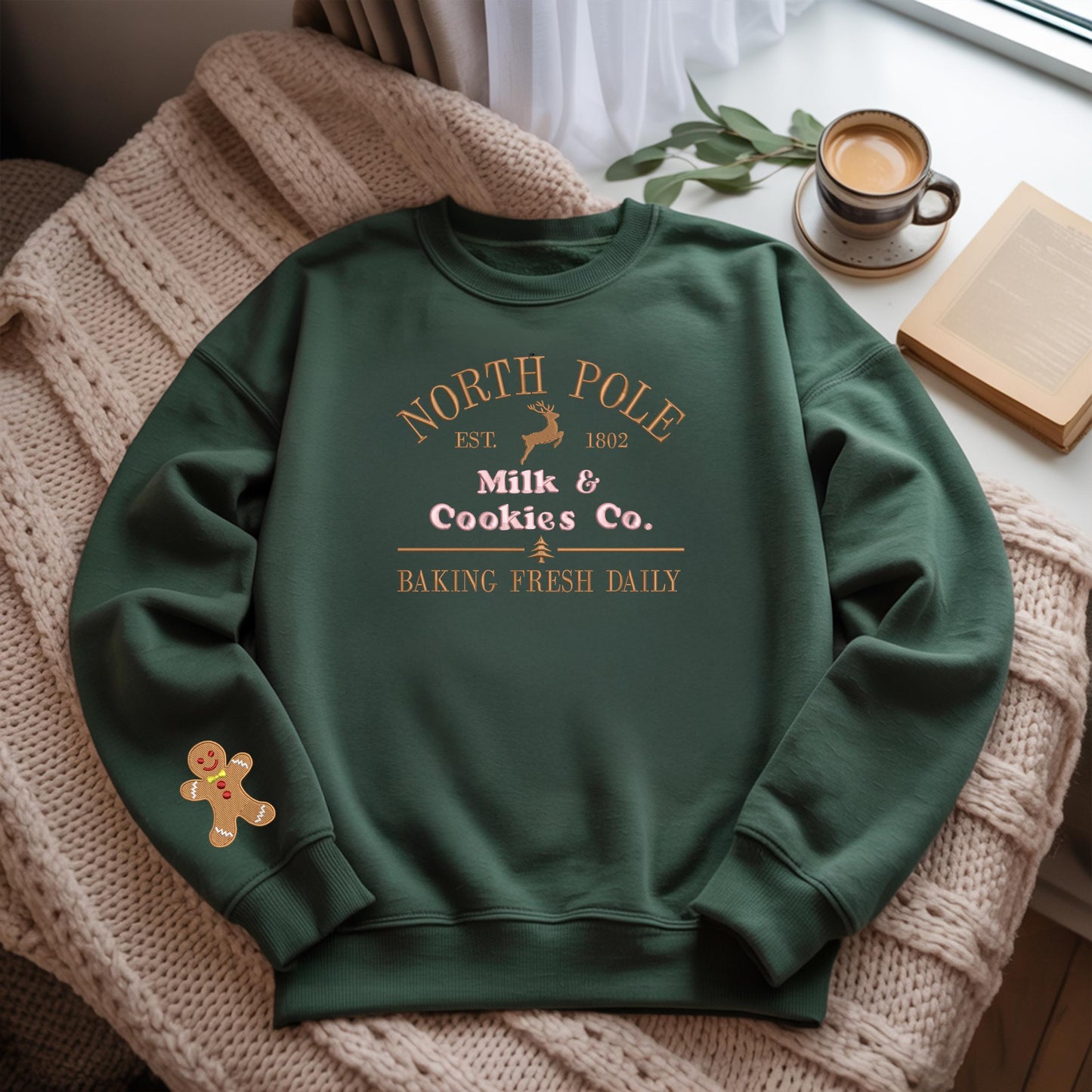 Milk and cookies Embroidery Christmas Sweatshirts, North Pole Embroidery Sweaters, Xmas North Pole Shirt, Gingerbread Christmas Sweatshirt