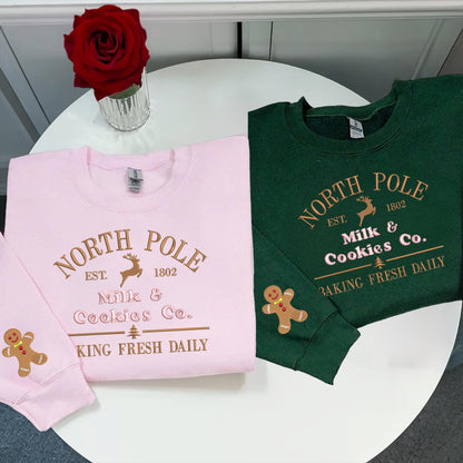 Milk and cookies Embroidery Christmas Sweatshirts, North Pole Embroidery Sweaters, Xmas North Pole Shirt, Gingerbread Christmas Sweatshirt