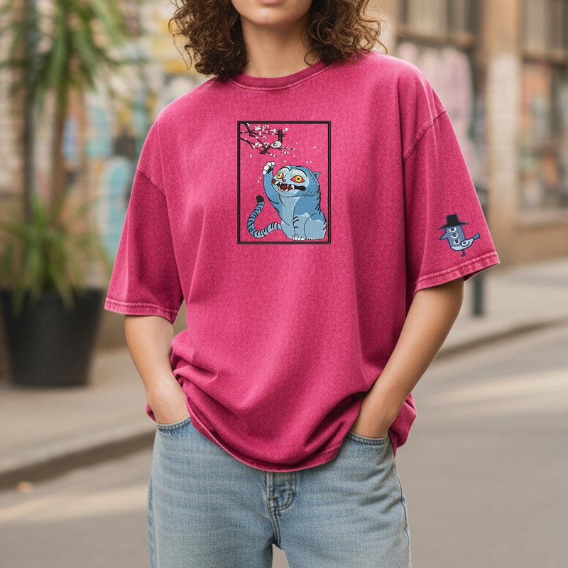 Cat And Bird Demon Hunter Embroidered Retro Wash Cotton Shirt