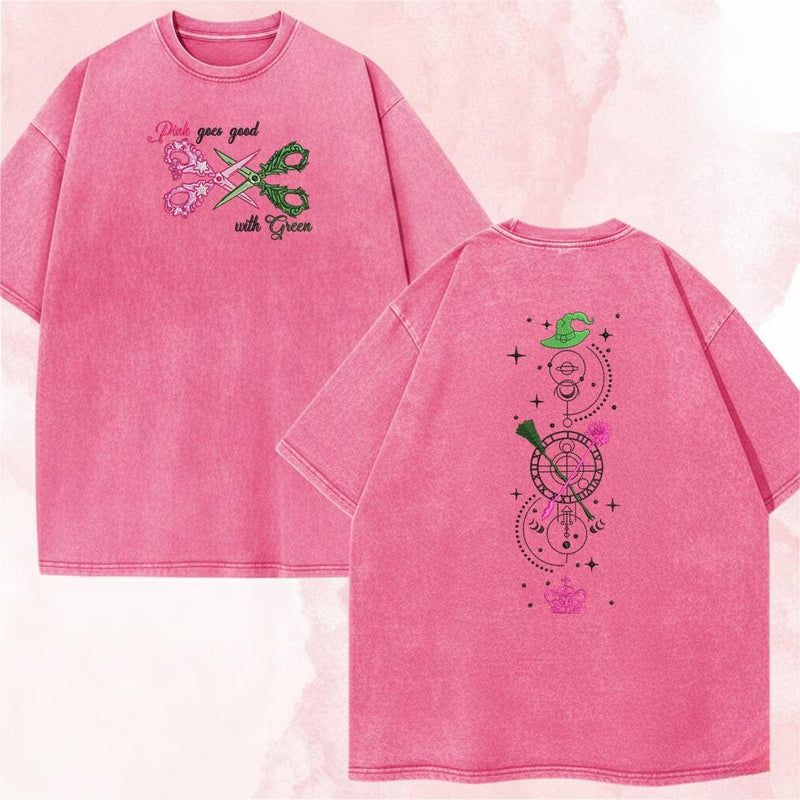 "Pink Goes Good With Green" Embroidered Retro Wash Cotton Shirt