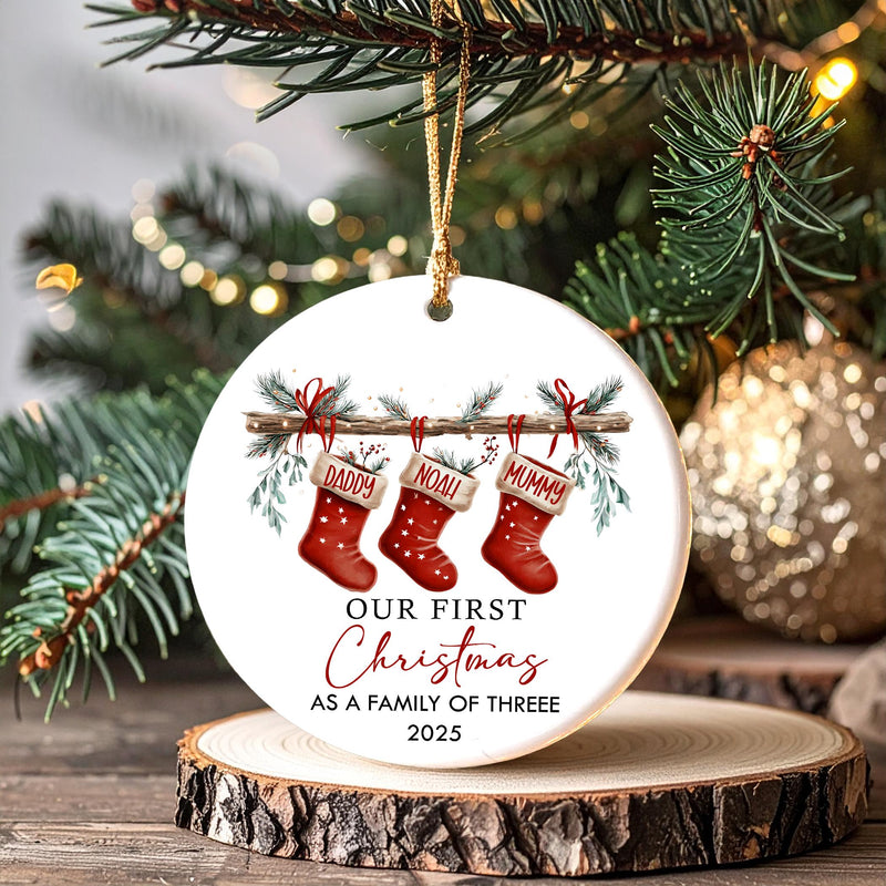 New Parents First Christmas Ornament, Personalized Family of Three Gift with Names