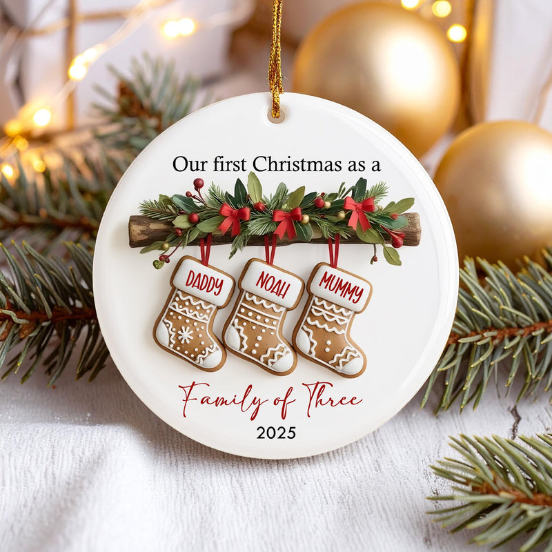 Custom New Parents First Christmas Ornament, Personalized Family of Three Gift with Names