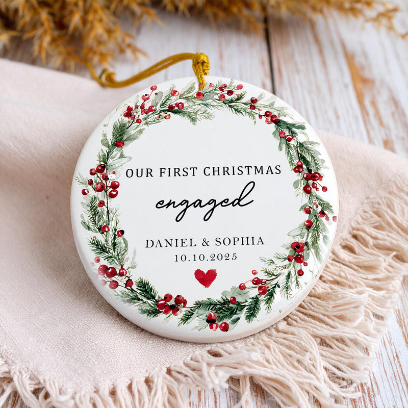 Personalized First Christmas Engaged Ornament 2025, Ceramic Ornament for Couples